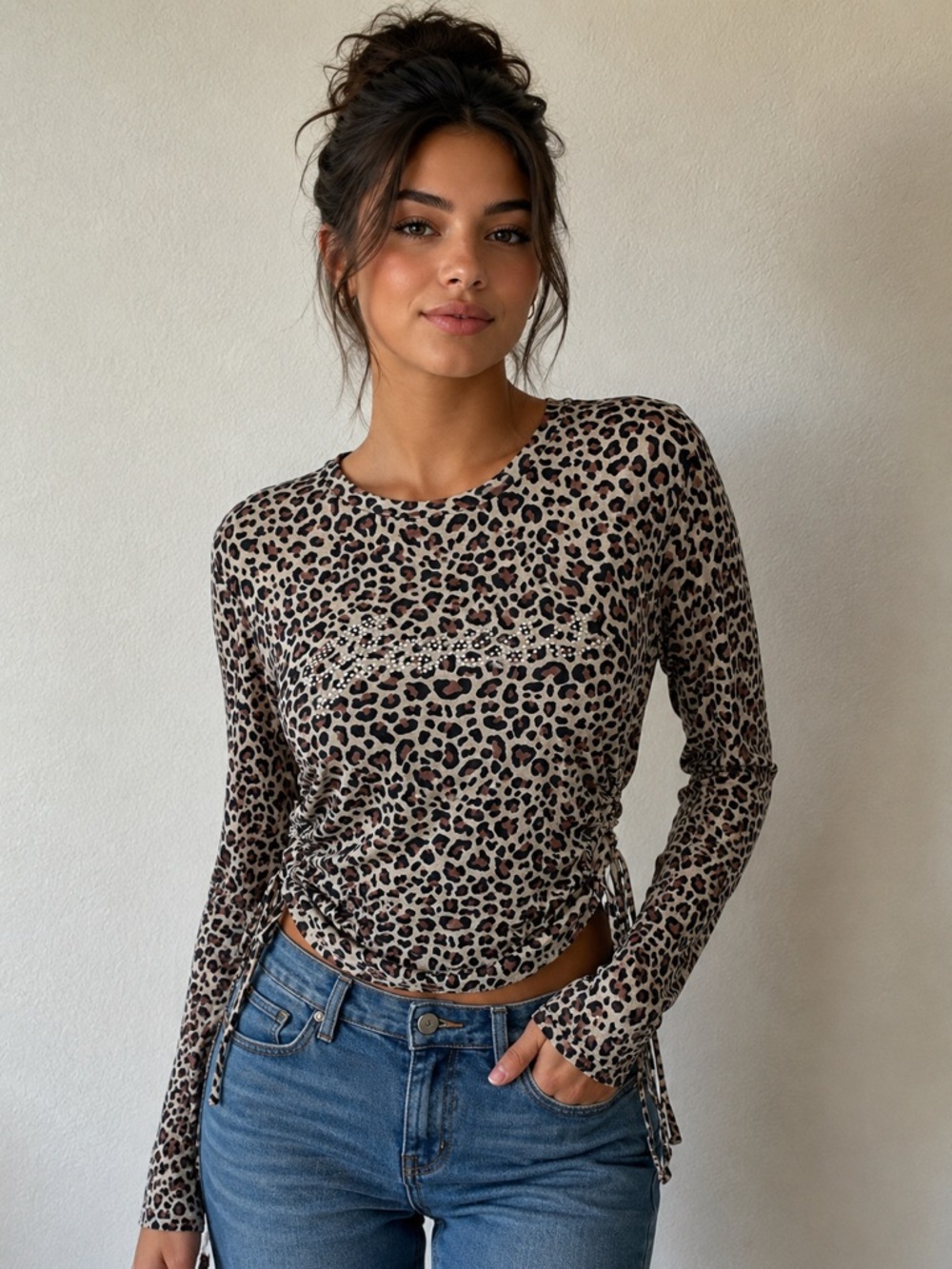 NWT Guess Leopard Print Long Sleeve Top - Beige and Black